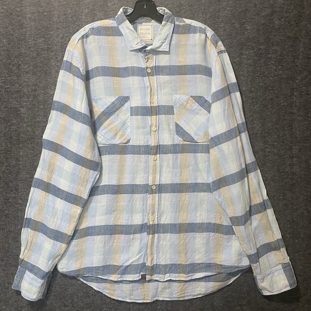 Billy Reid Linen Shirt Mens 2XL‎ XXL Blue Plaid Button Up Beach Coastal Pockets